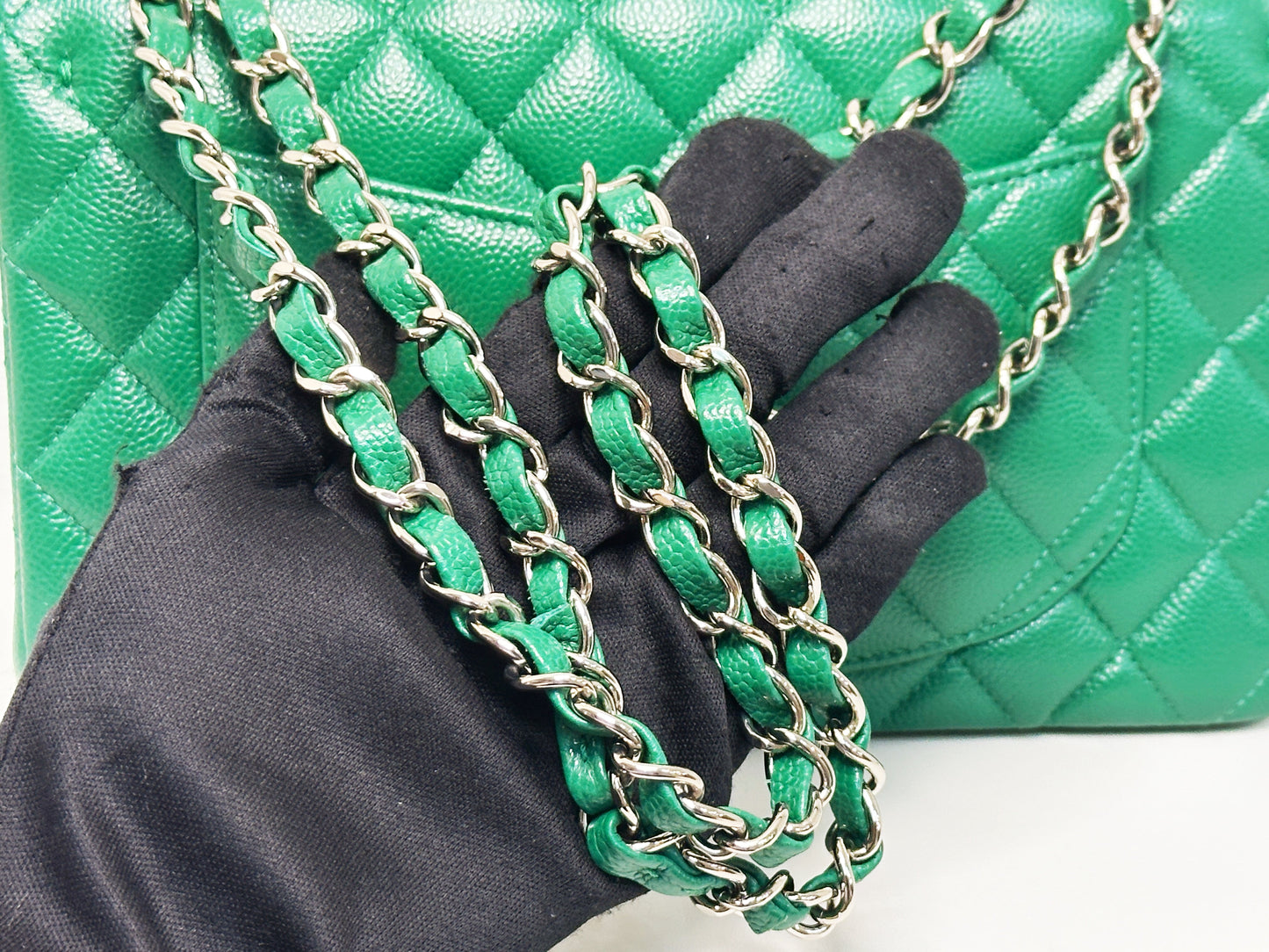 CHANEL 20B Green Classic Small Double Flap Bag SHW 3050 holo card