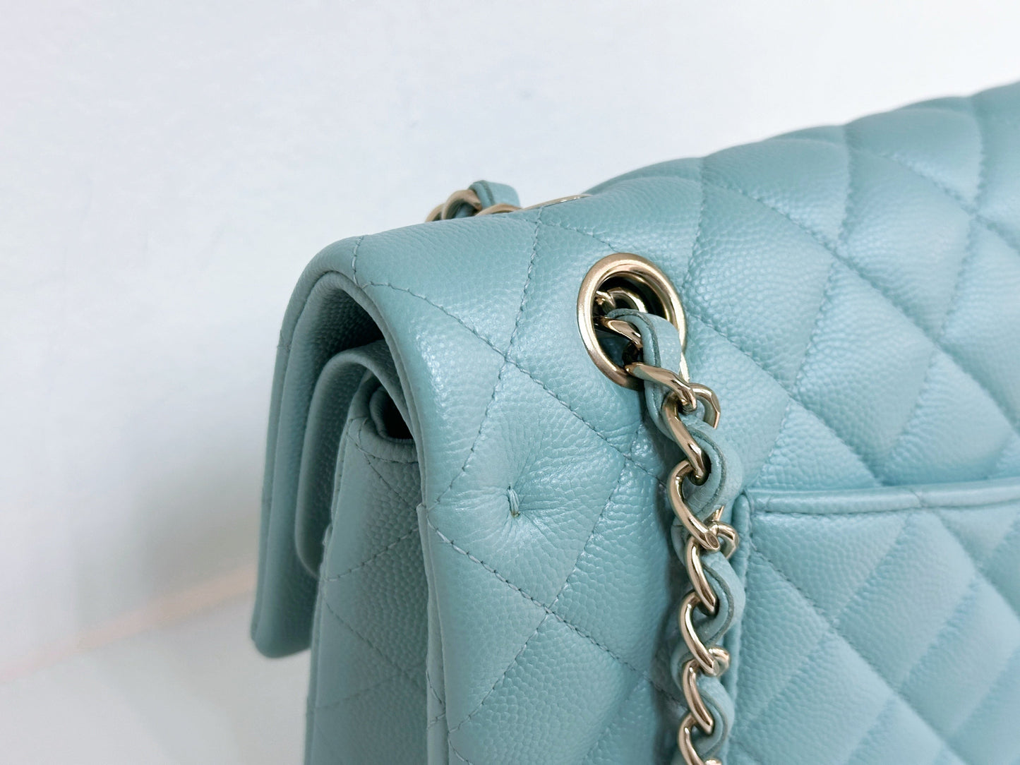 Chanel Classic Flap Medium 20C Tiffany Blue Caviar Light Gold Hardware 2943 holo card