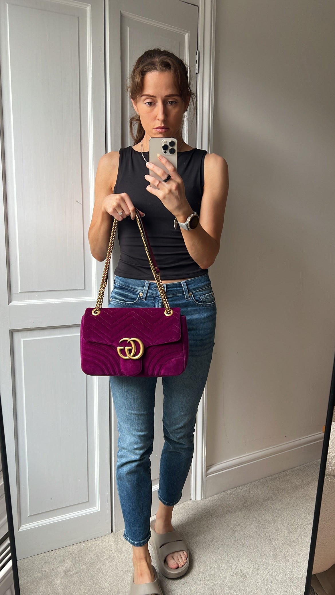 Gucci GG Fuchsia Velvet Marmont Medium Shoulder Bag (RRP £1,890)