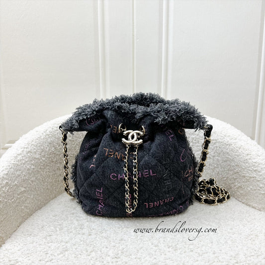 Chanel 22P Denim Mood Mini Drawstring Bucket Bag in Black Printed Denim and LGHW