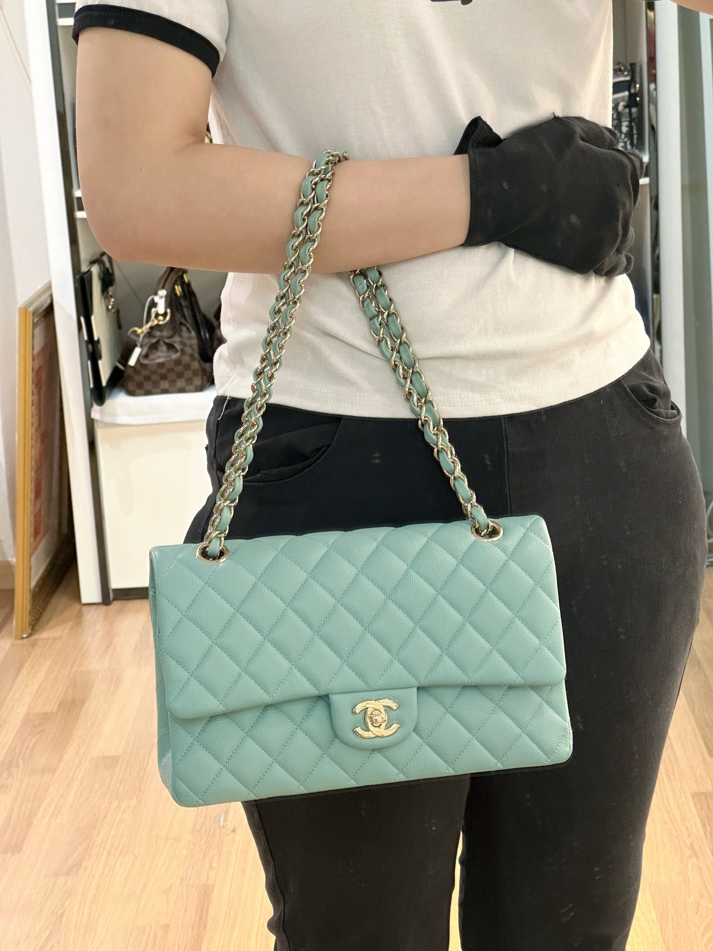 Chanel Classic Flap Medium 20C Tiffany Blue Caviar Light Gold Hardware 2943 holo card