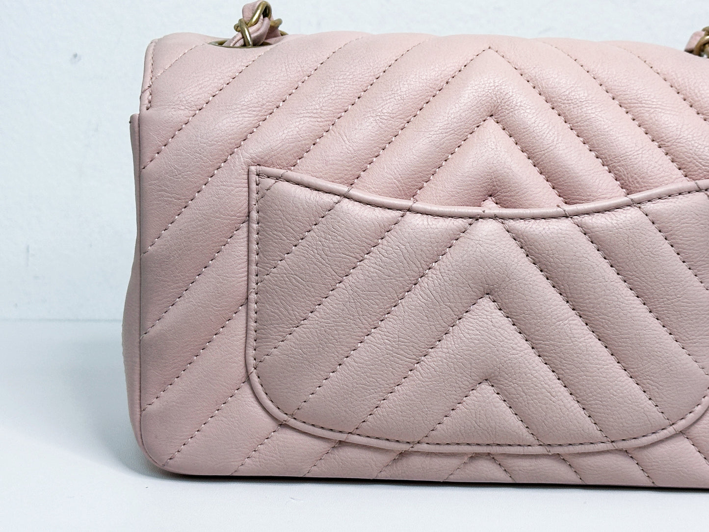 Chanel Classic Mini Rectangular 17C Light Pink Chevron Calfskin with brushed gold hardware ⁣⁣2383 holo card