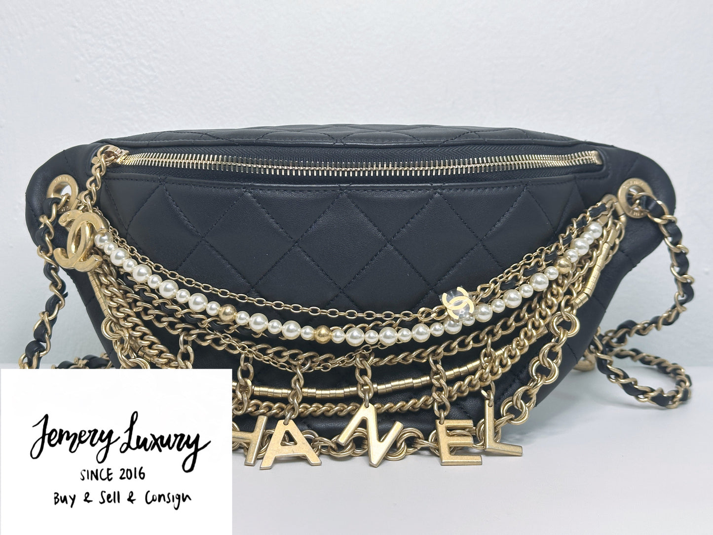 CHANEL 19A BLACK ALL ABOUT CHAINS PEARL FANNY PACK BAG GHW 2806 holo card