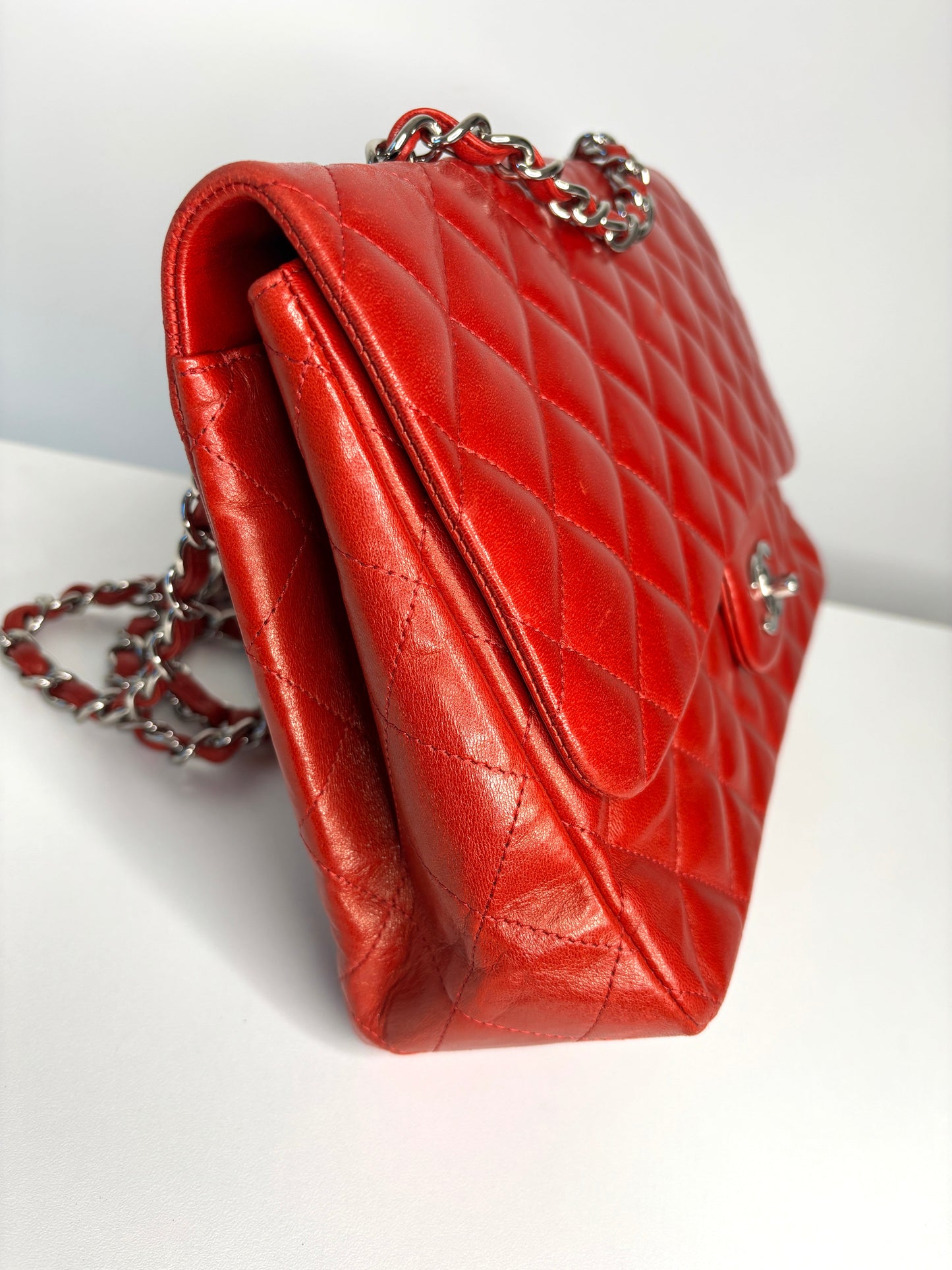 RESERVED  for 24 hrs - Chanel Jumbo Red Lambskin Classic Single Flap Shoulder Bag - Preloved