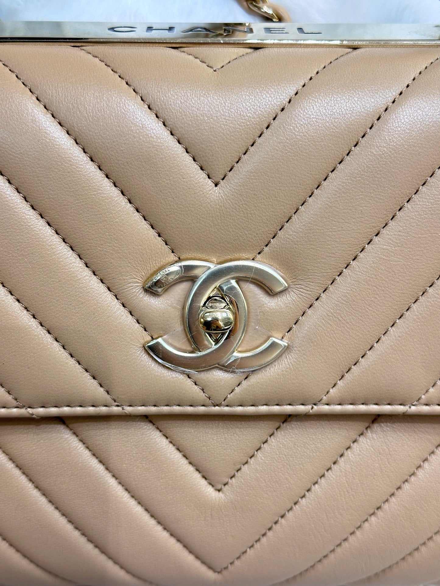 Chanel Lambskin Chevron Quilted Medium Trendy CC Dual Handle Flap Bag Beige