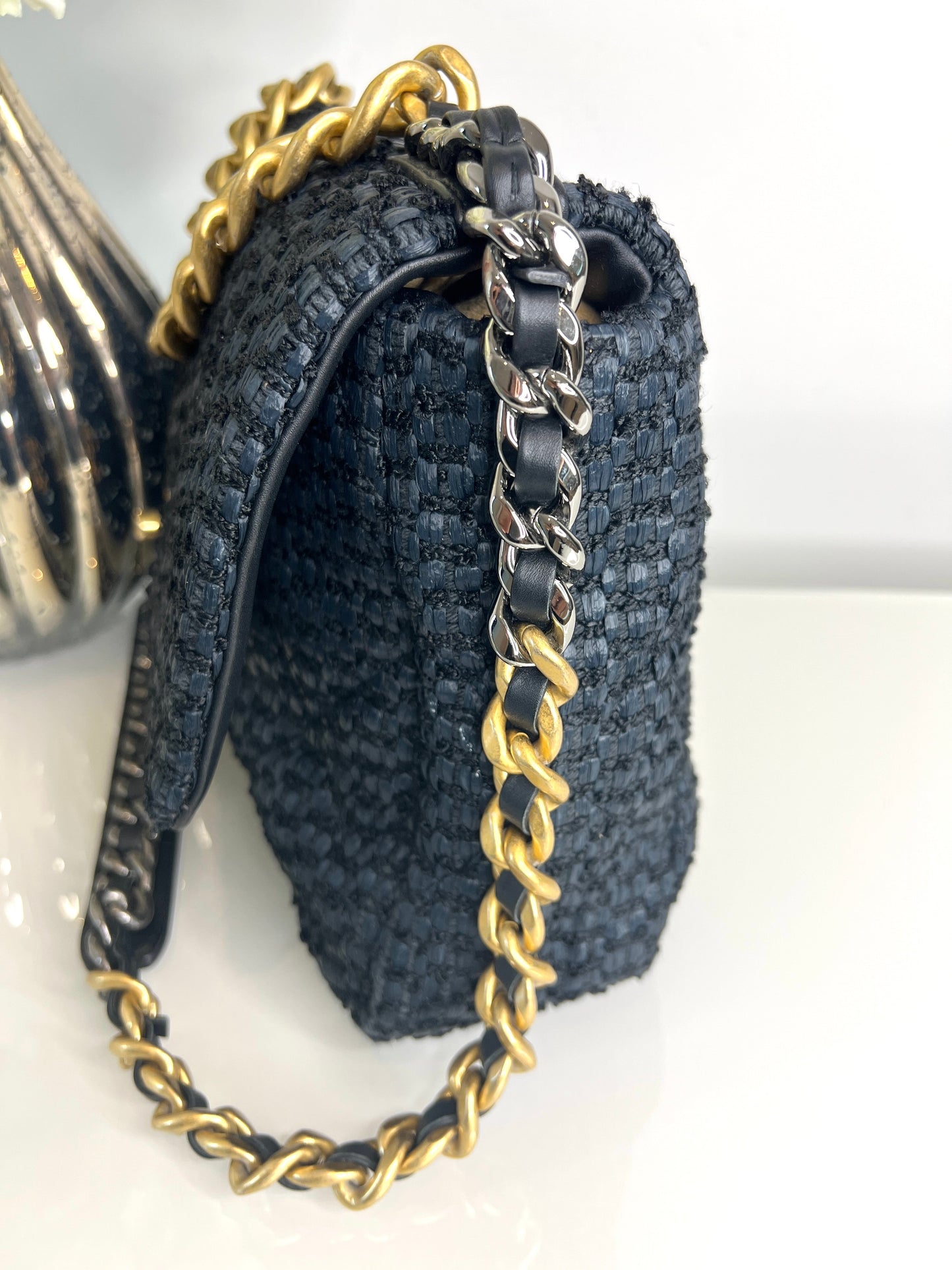 Chanel Preloved Large Chanel 19 Navy Raffia Tweed Flap Bag