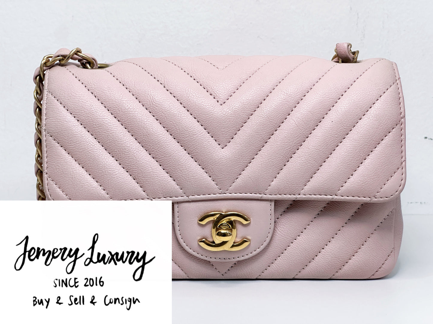Chanel Classic Mini Rectangular 17C Light Pink Chevron Calfskin with brushed gold hardware ⁣⁣2383 holo card