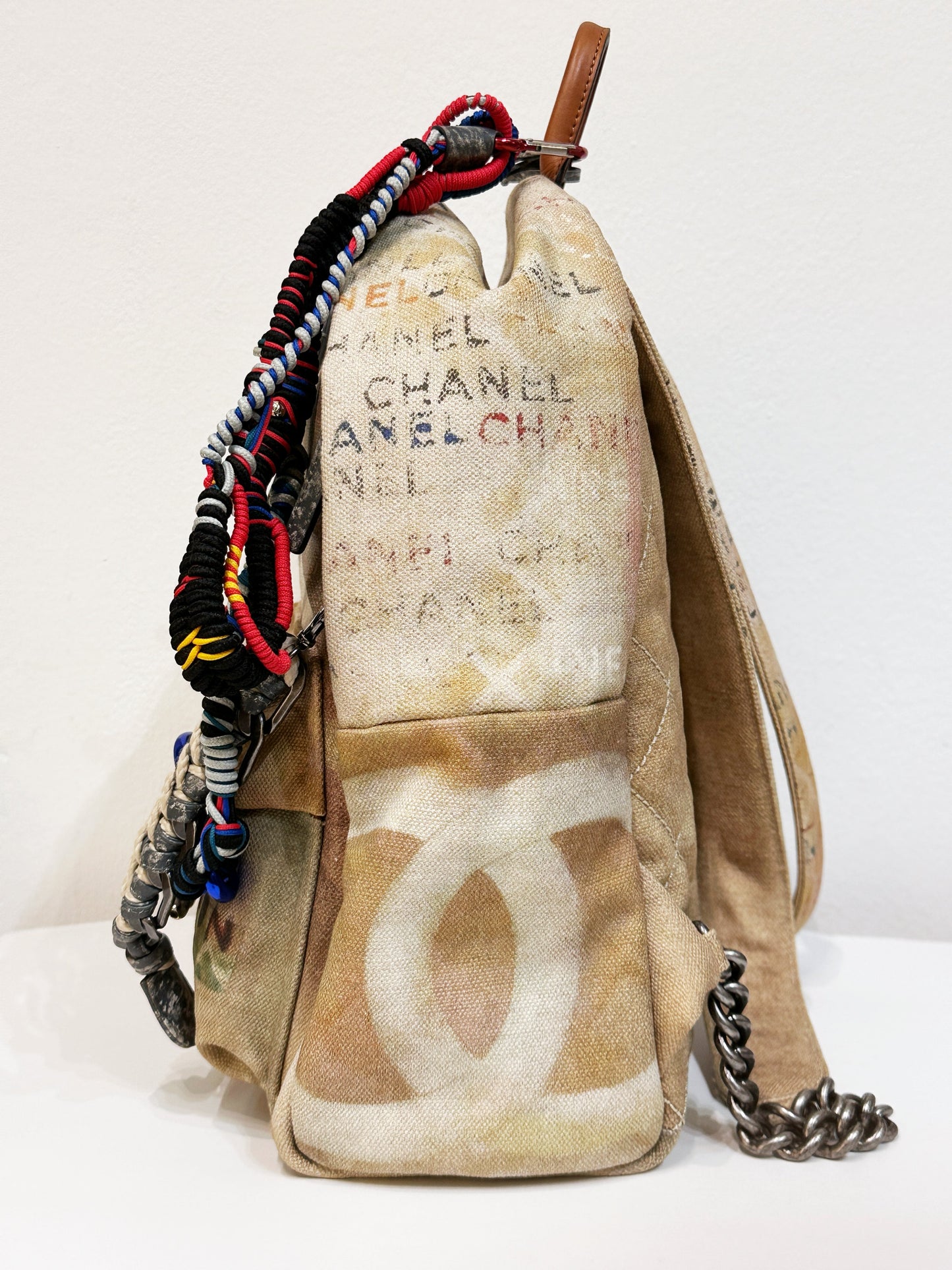 Chanel Graffiti Printed Canvas Medium Backpack Beige 1958 holo card