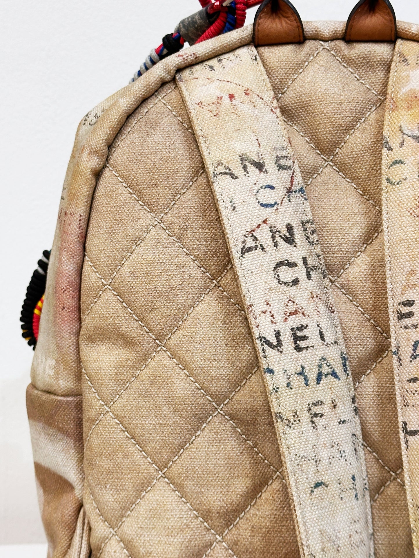 Chanel Graffiti Printed Canvas Medium Backpack Beige 1958 holo card