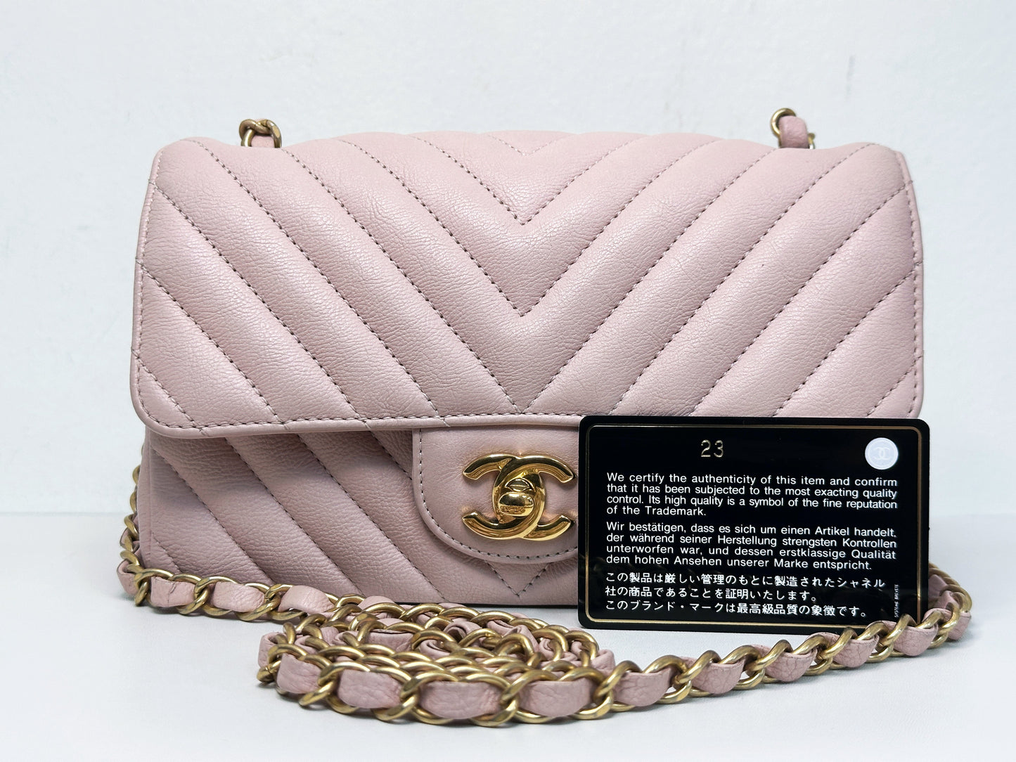 Chanel Classic Mini Rectangular 17C Light Pink Chevron Calfskin with brushed gold hardware ⁣⁣2383 holo card