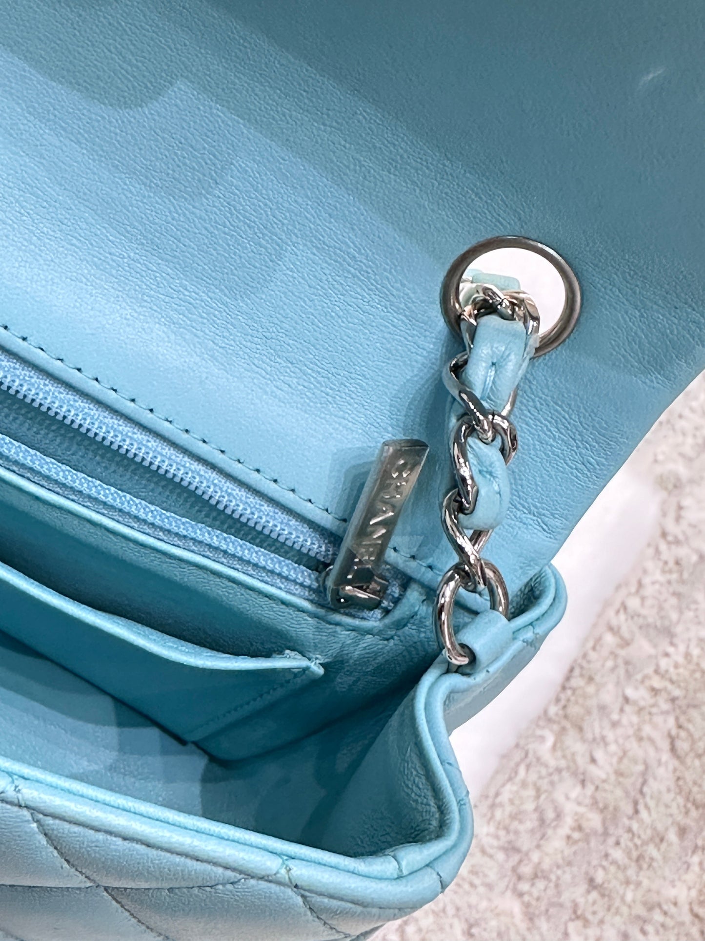 CHANEL 19C Tiffany Lambskin Quilted Mini Rectangular Flap Neon Blue