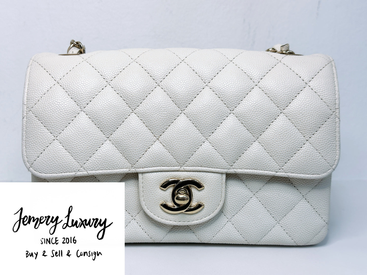Chanel Mini Rectangular Caviar Classic White GHW 2382 holo card