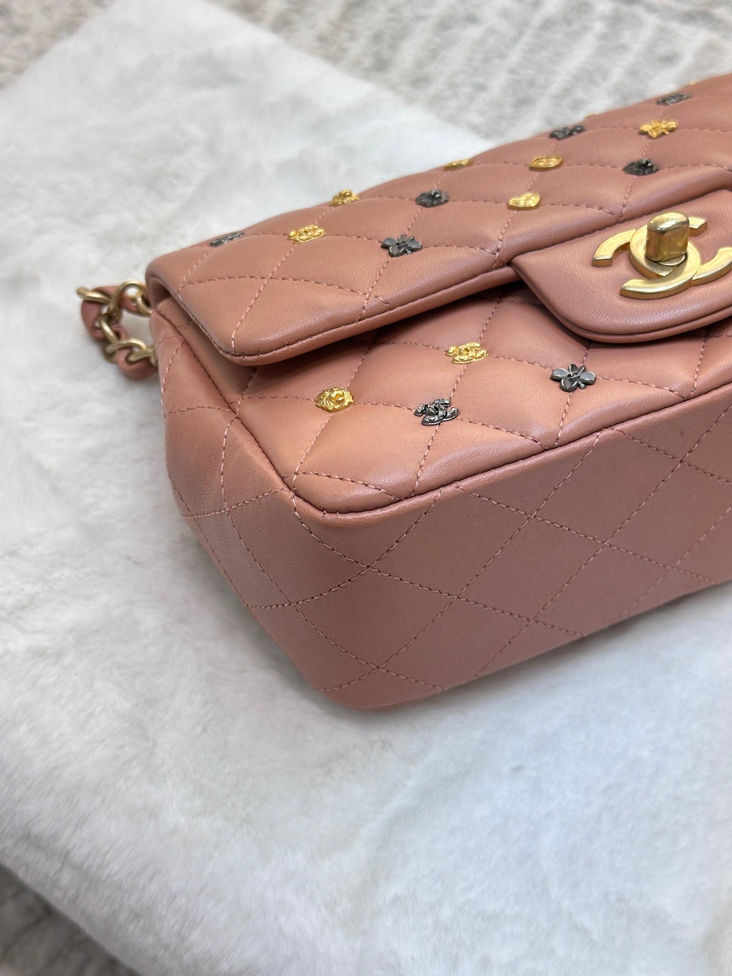 Chanel 2018 Blush Beige Mini Flap Bag with Lucky Charms Stud Embellishment
