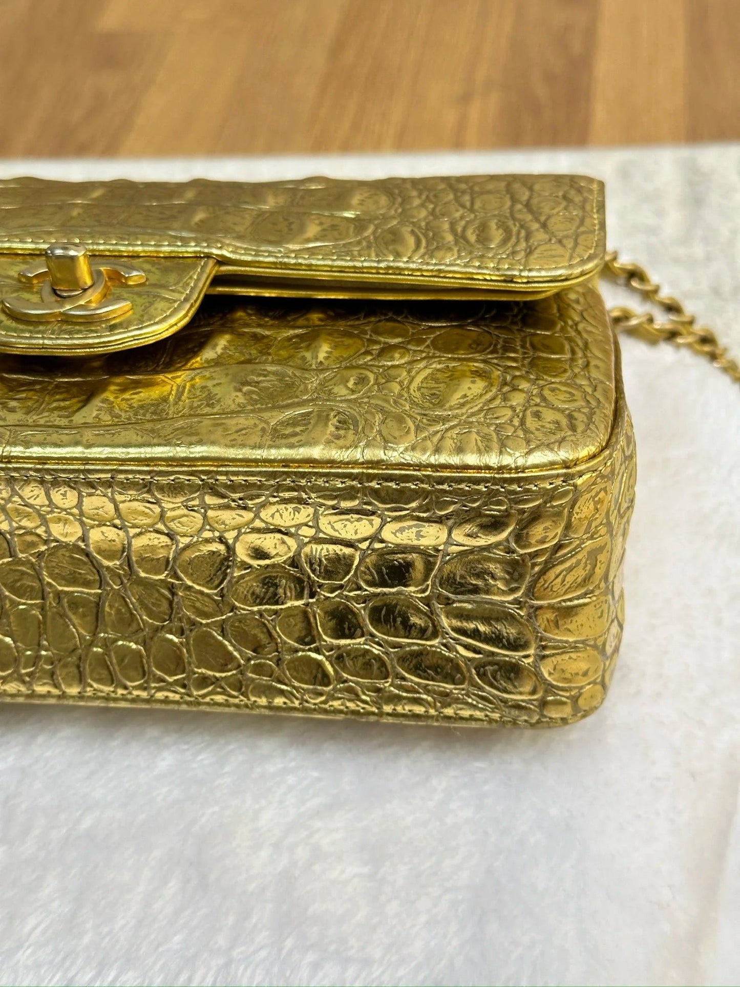 Chanel Medium  Calfskin Crocodile Embossed  Gold Metallic Flap Bag