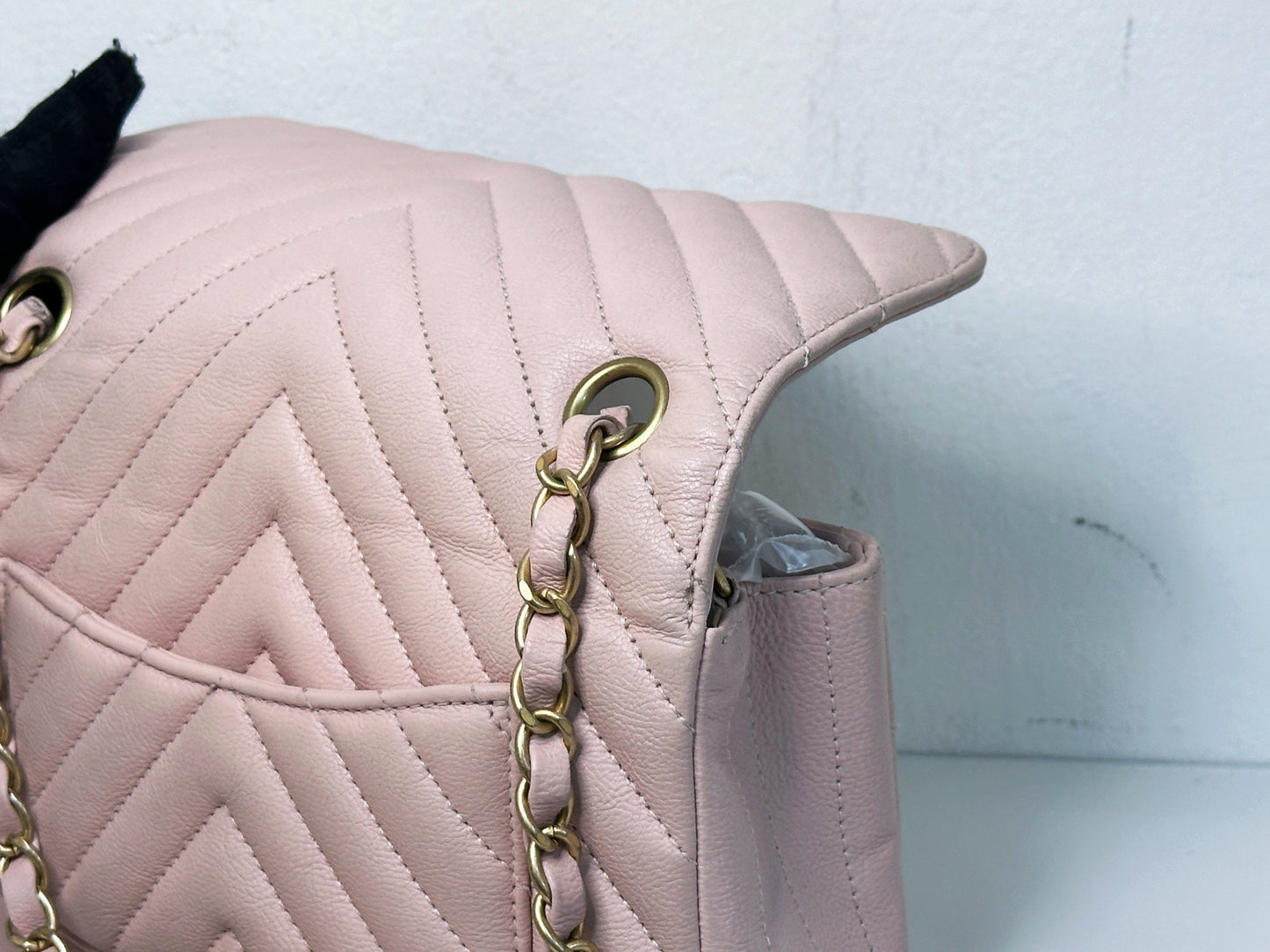 Chanel Classic Mini Rectangular 17C Light Pink Chevron Calfskin with brushed gold hardware ⁣⁣2383 holo card