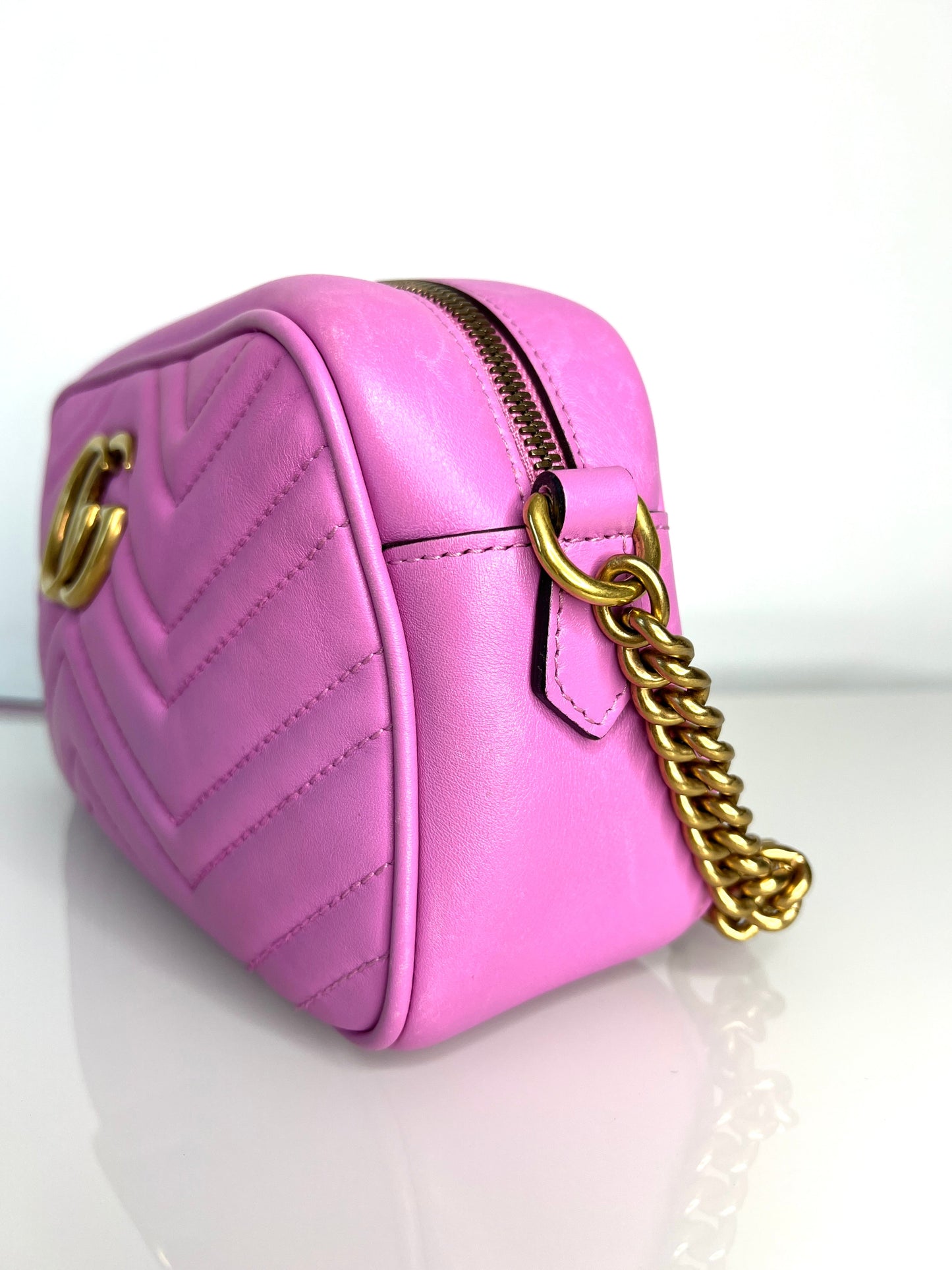 Gucci GG Marmont Small Pink Leather Camera Shoulder Bag - Preloved