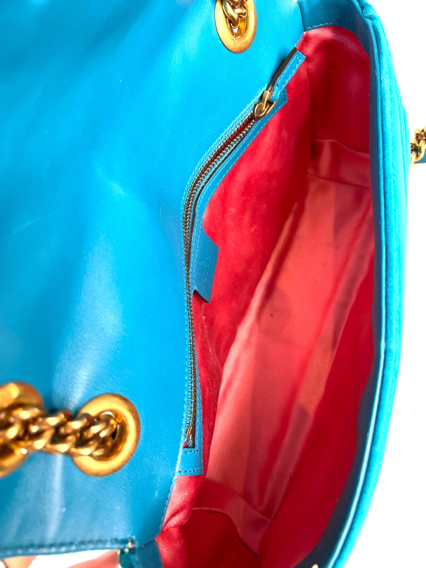 Gucci GG Marmont Small Turquoise Blue Velvet Shoulder Bag - Preloved