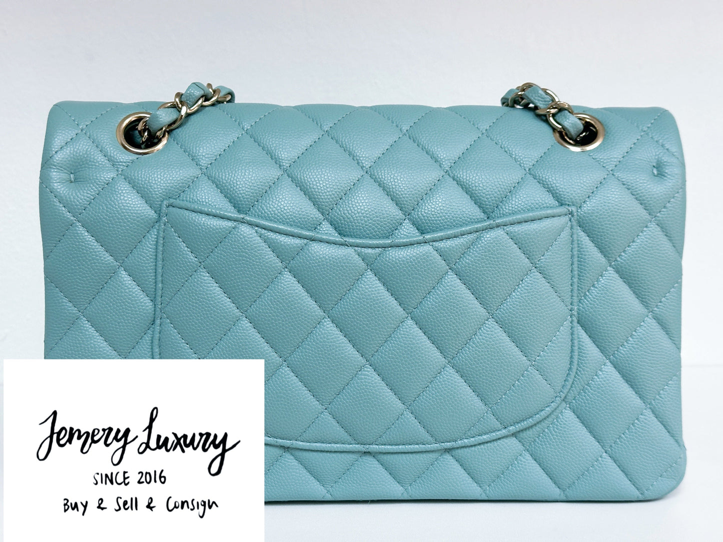 Chanel Classic Flap Medium 20C Tiffany Blue Caviar Light Gold Hardware 2943 holo card