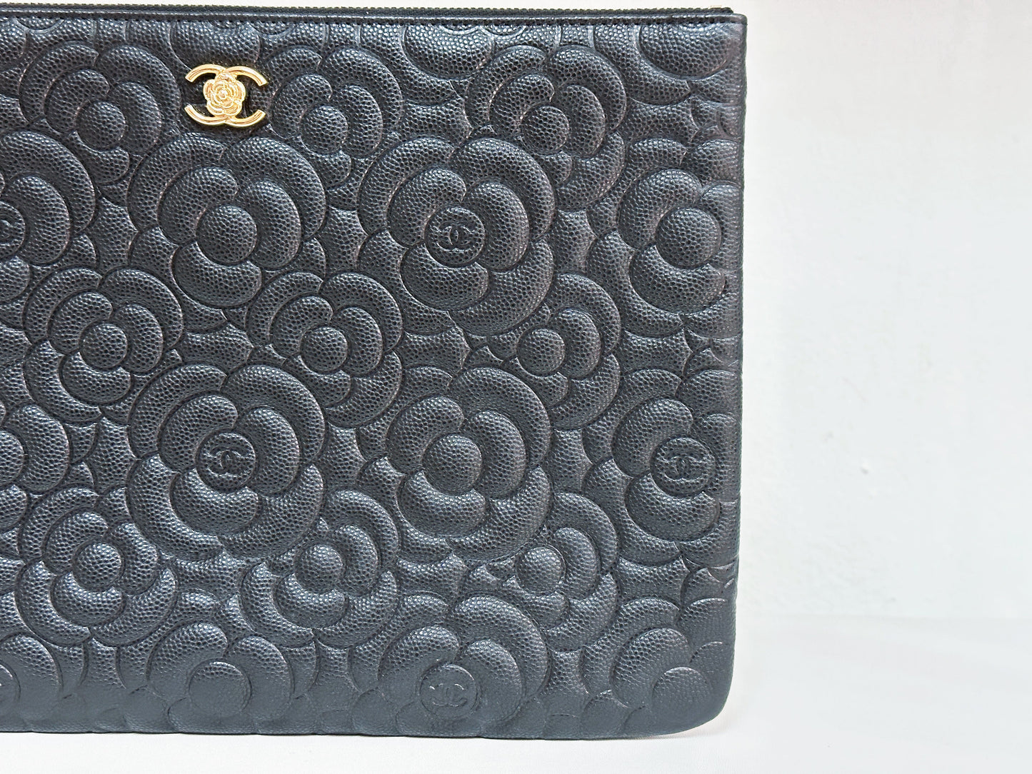 CHANEL Caviar Camellia Embossed Medium Cosmetic Case Black 2285 holo card