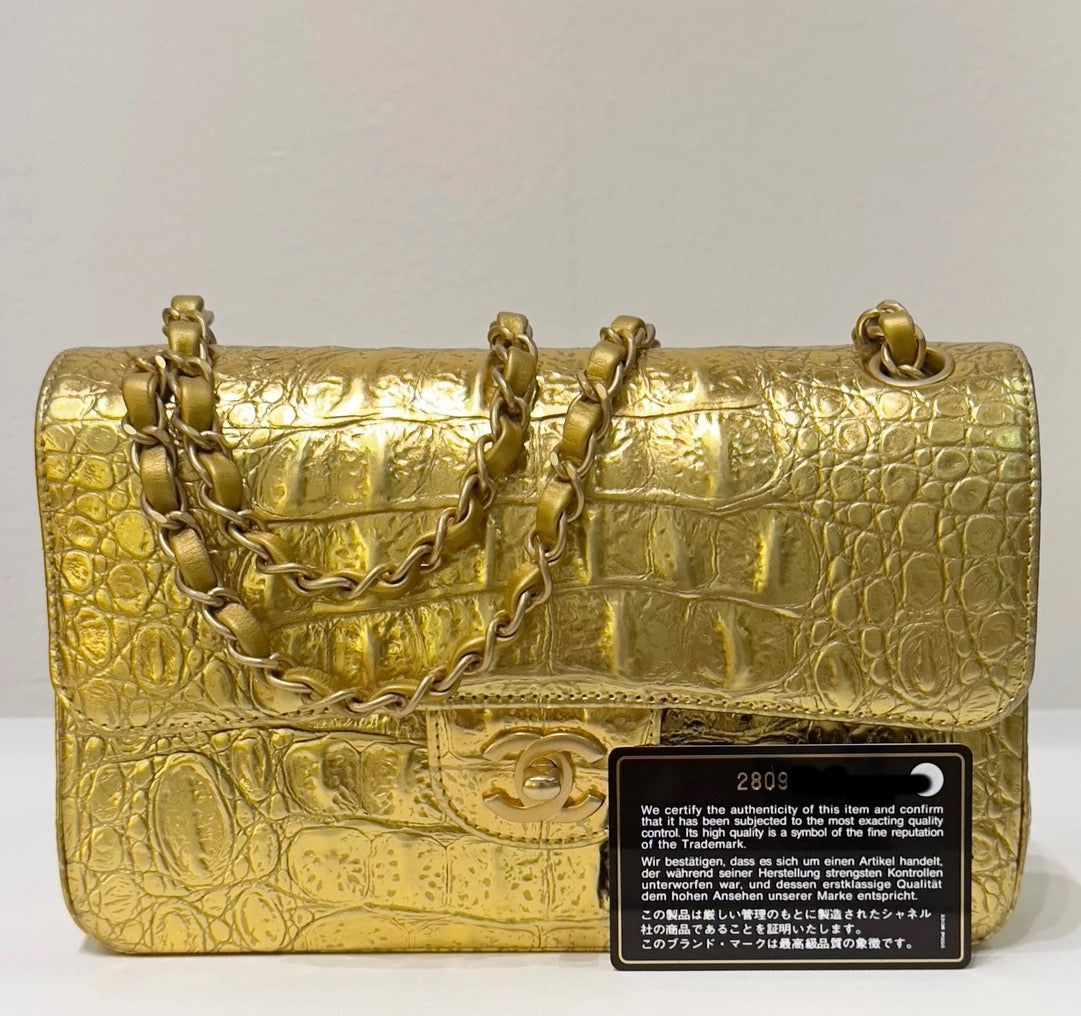 Chanel Medium  Calfskin Crocodile Embossed  Gold Metallic Flap Bag