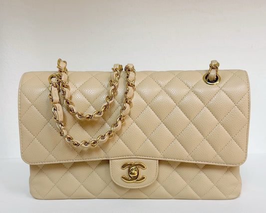 Chanel Medium Beige Classic Caviar Double Flap Bag GHW 1598 holo card