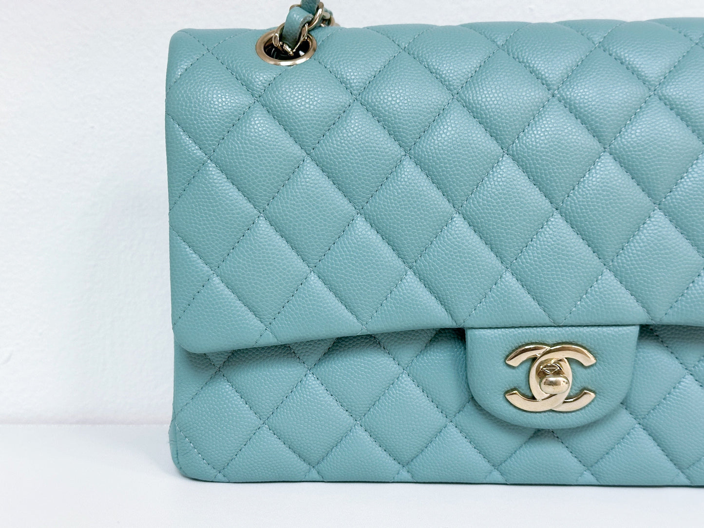 Chanel Classic Flap Medium 20C Tiffany Blue Caviar Light Gold Hardware 2943 holo card