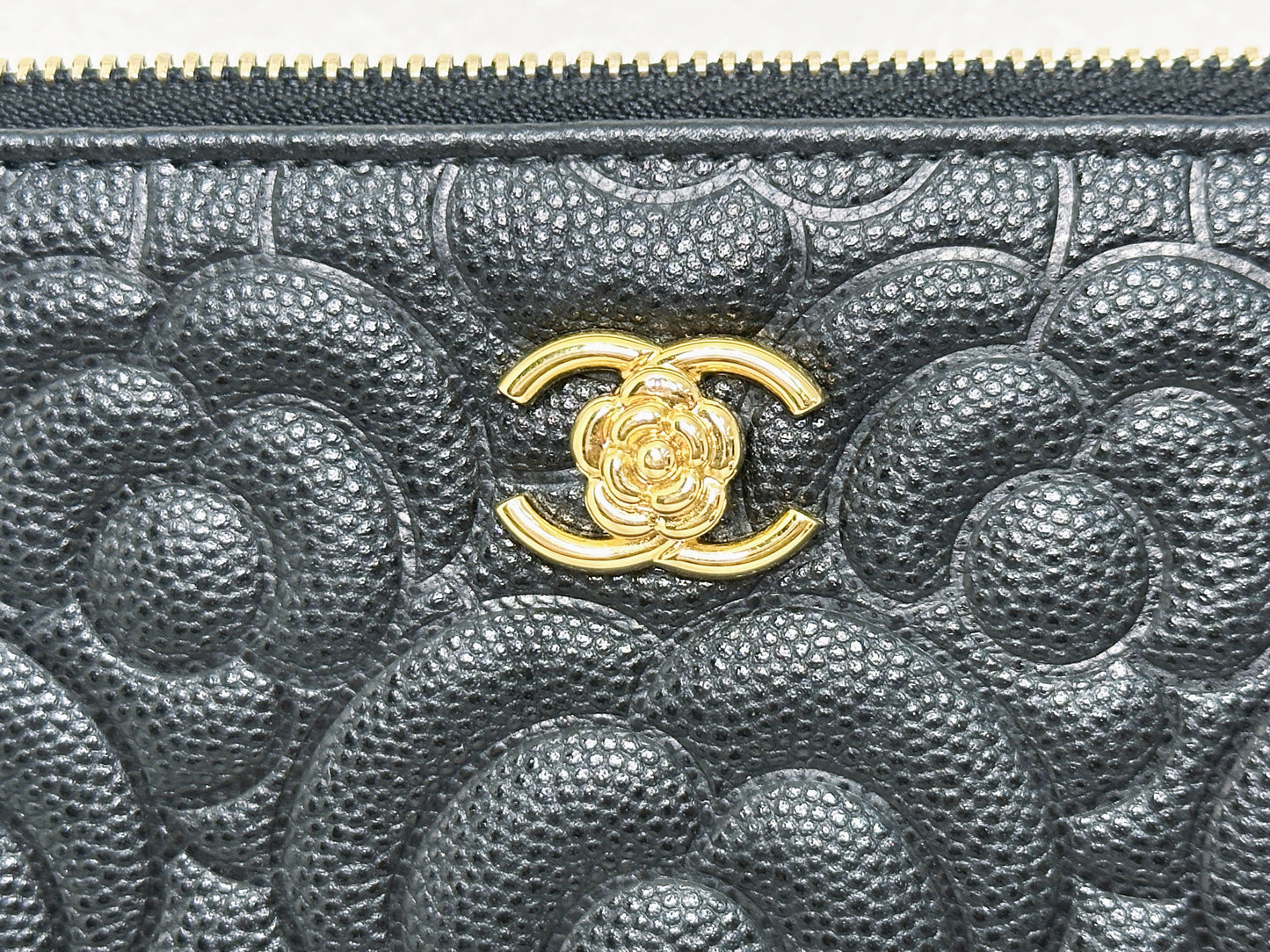 CHANEL Caviar Camellia Embossed Medium Cosmetic Case Black 2285 holo card