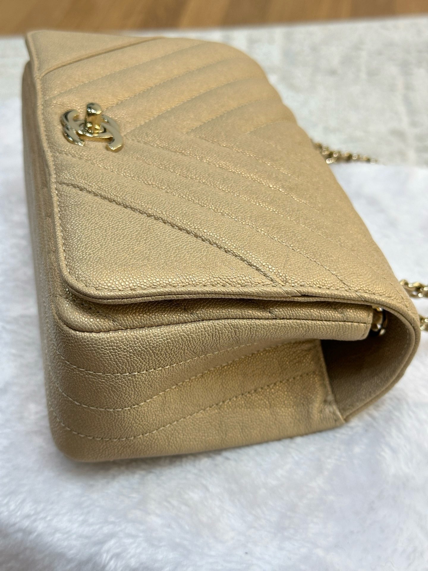Chanel Mini Statement Metallic Caviar Chevron Quilted Flap Beige LGHW