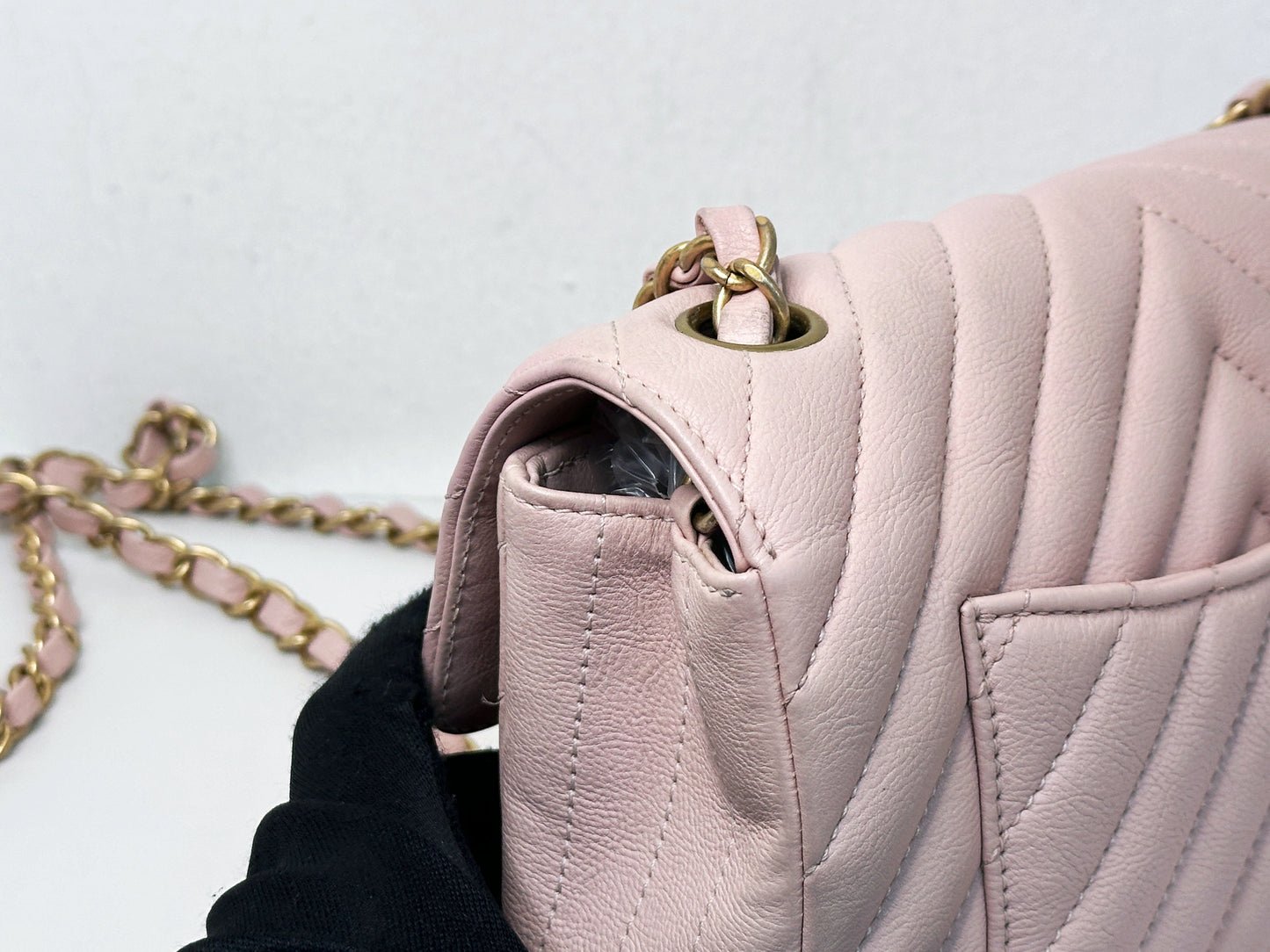Chanel Classic Mini Rectangular 17C Light Pink Chevron Calfskin with brushed gold hardware ⁣⁣2383 holo card
