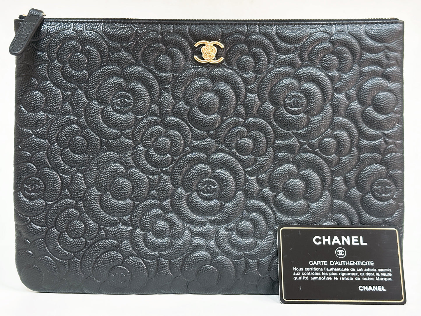 CHANEL Caviar Camellia Embossed Medium Cosmetic Case Black 2285 holo card