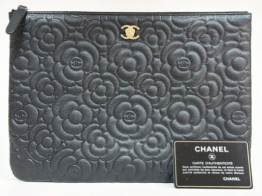 CHANEL Caviar Camellia Embossed Medium Cosmetic Case Black 2285 holo card