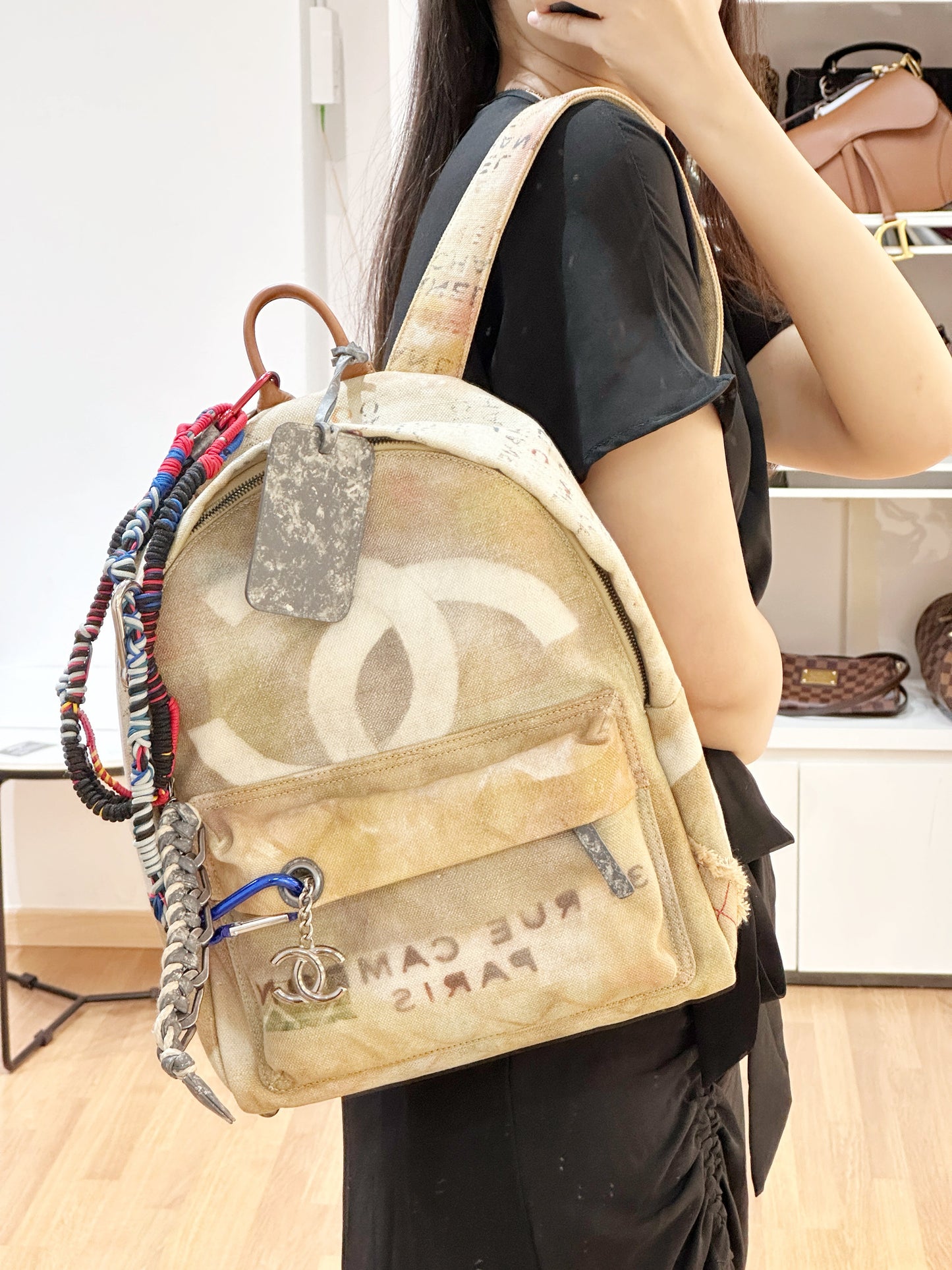Chanel Graffiti Printed Canvas Medium Backpack Beige 1958 holo card