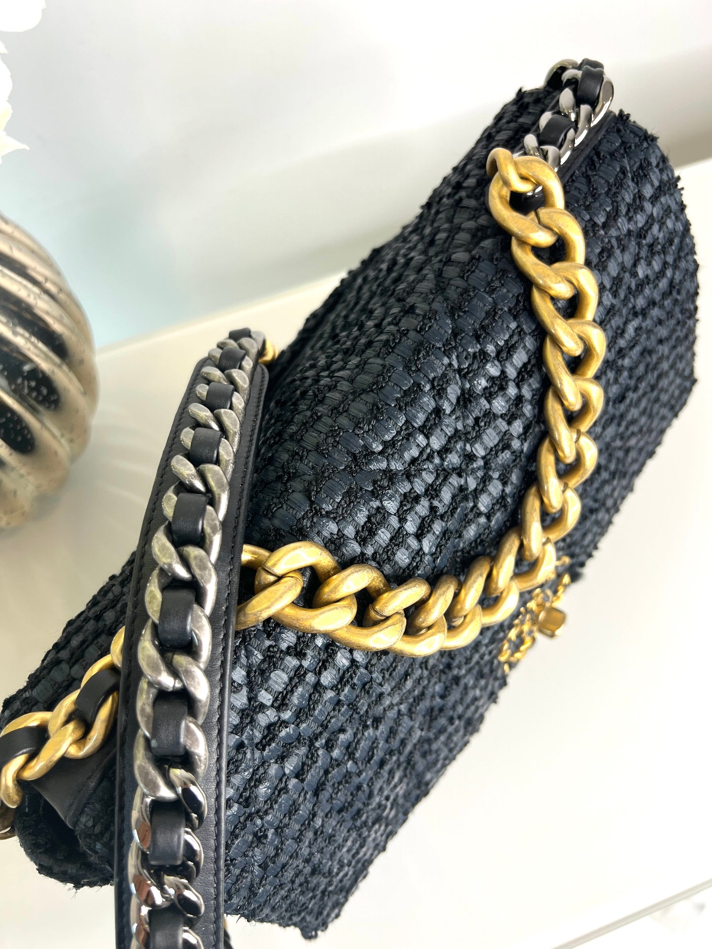 Chanel Preloved Large Chanel 19 Navy Raffia Tweed Flap Bag