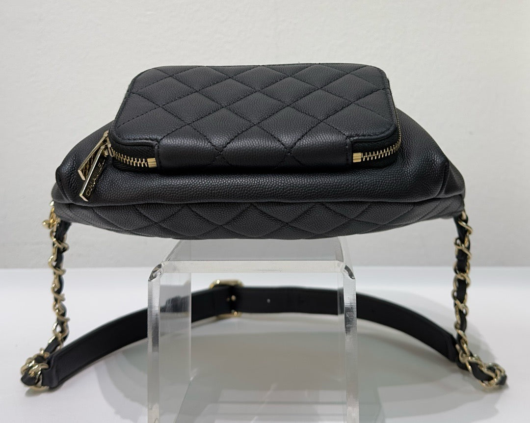 Chanel Black Quilted Caviar Leather Business Affinity Waist Belt Bag 27 holo card