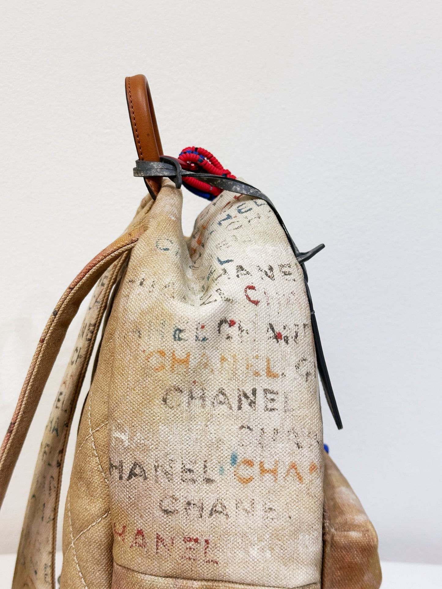 Chanel Graffiti Printed Canvas Medium Backpack Beige 1958 holo card
