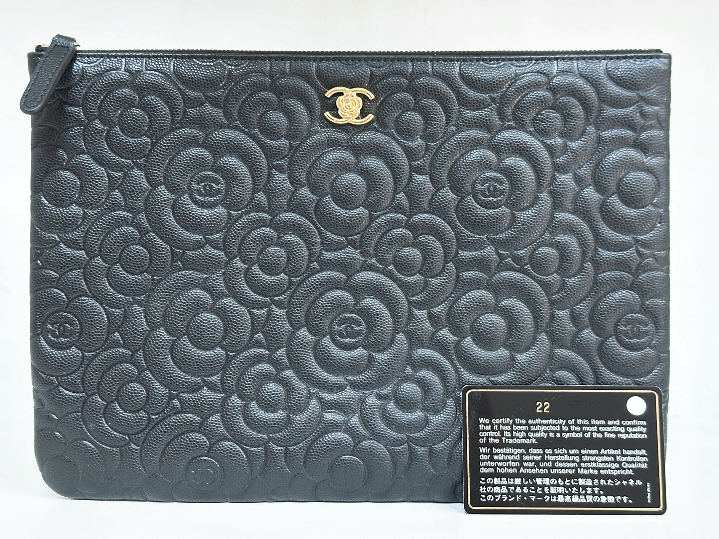 CHANEL Caviar Camellia Embossed Medium Cosmetic Case Black 2285 holo card