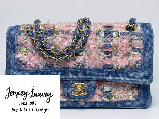 Chanel Pink, Silver, and Gold Tweed and Denim Medium Classic Double Flap Gold Hardware, 2016