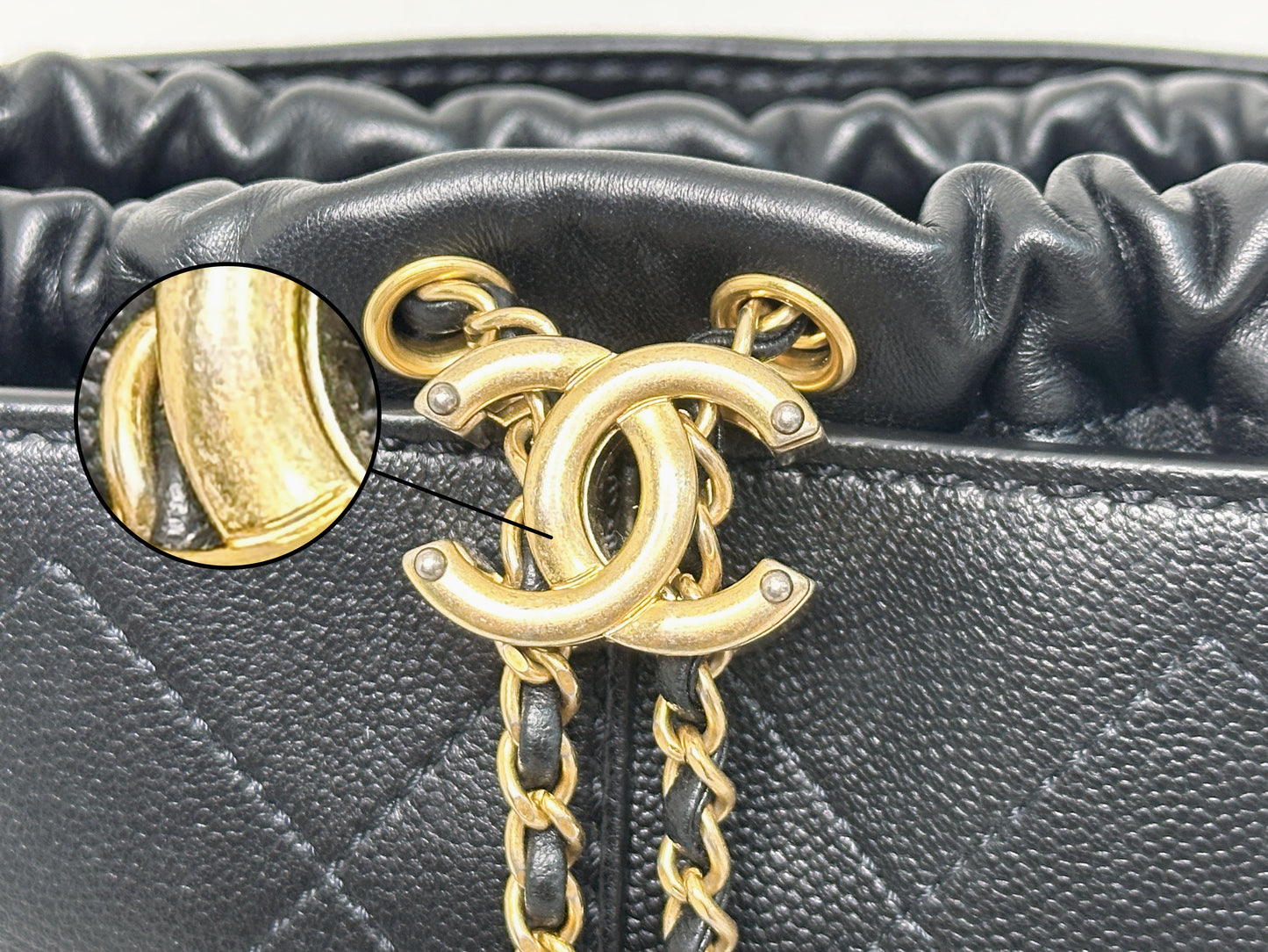 Chanel Drawstring Bucket Bag Quilted Black Caviar Aged Gold Hardware 3088 holo card