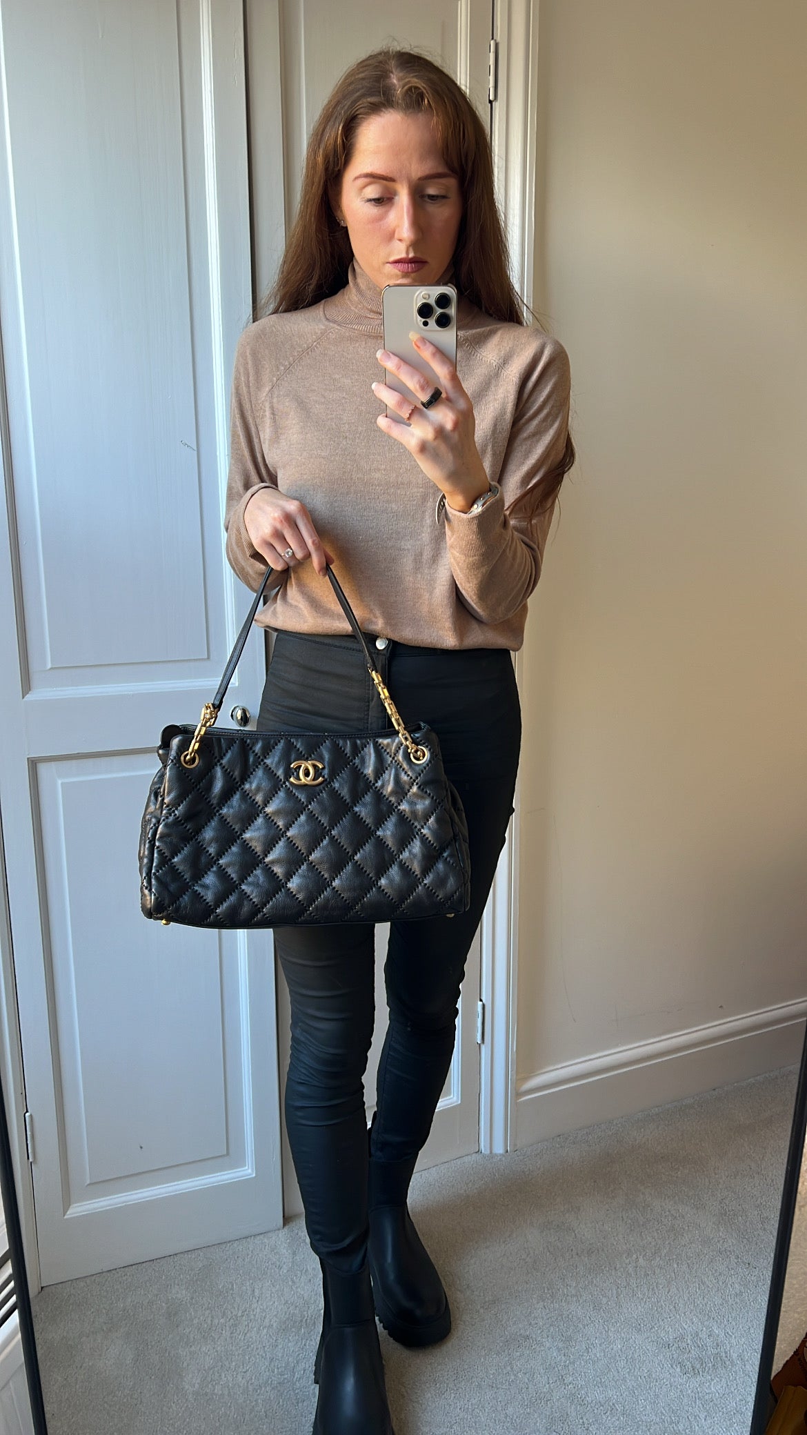 Chanel Black Lambskin Retro Tote Bag