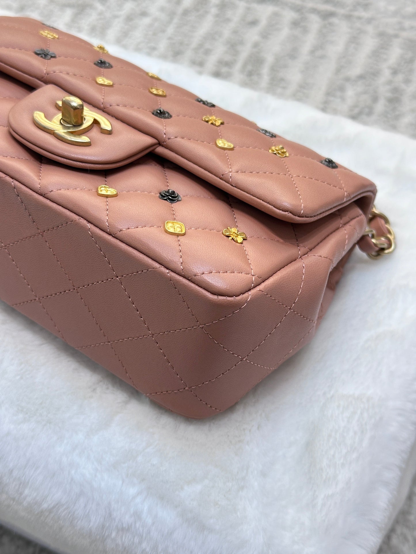 Chanel 2018 Blush Beige Mini Flap Bag with Lucky Charms Stud Embellishment