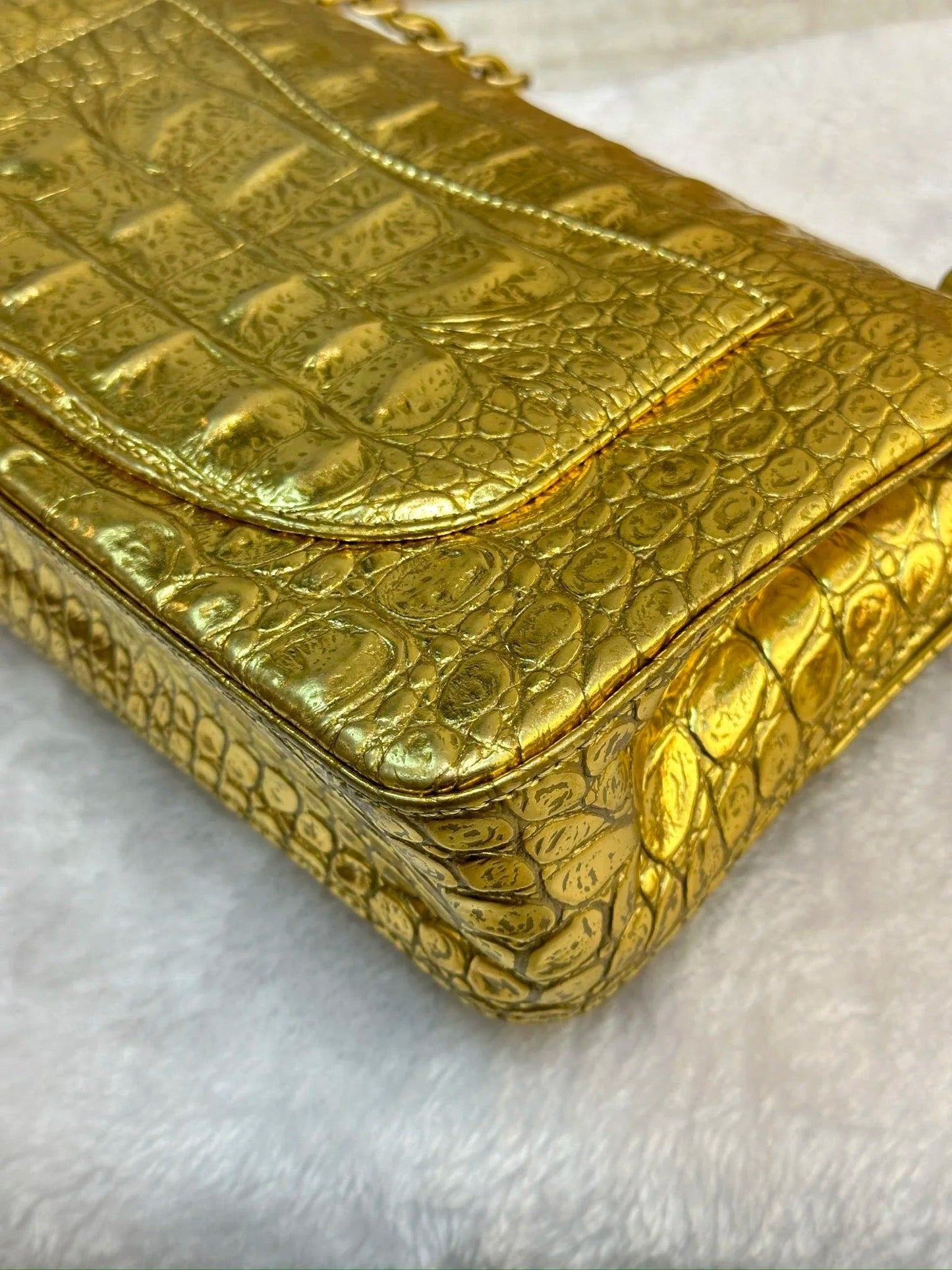 Chanel Medium  Calfskin Crocodile Embossed  Gold Metallic Flap Bag