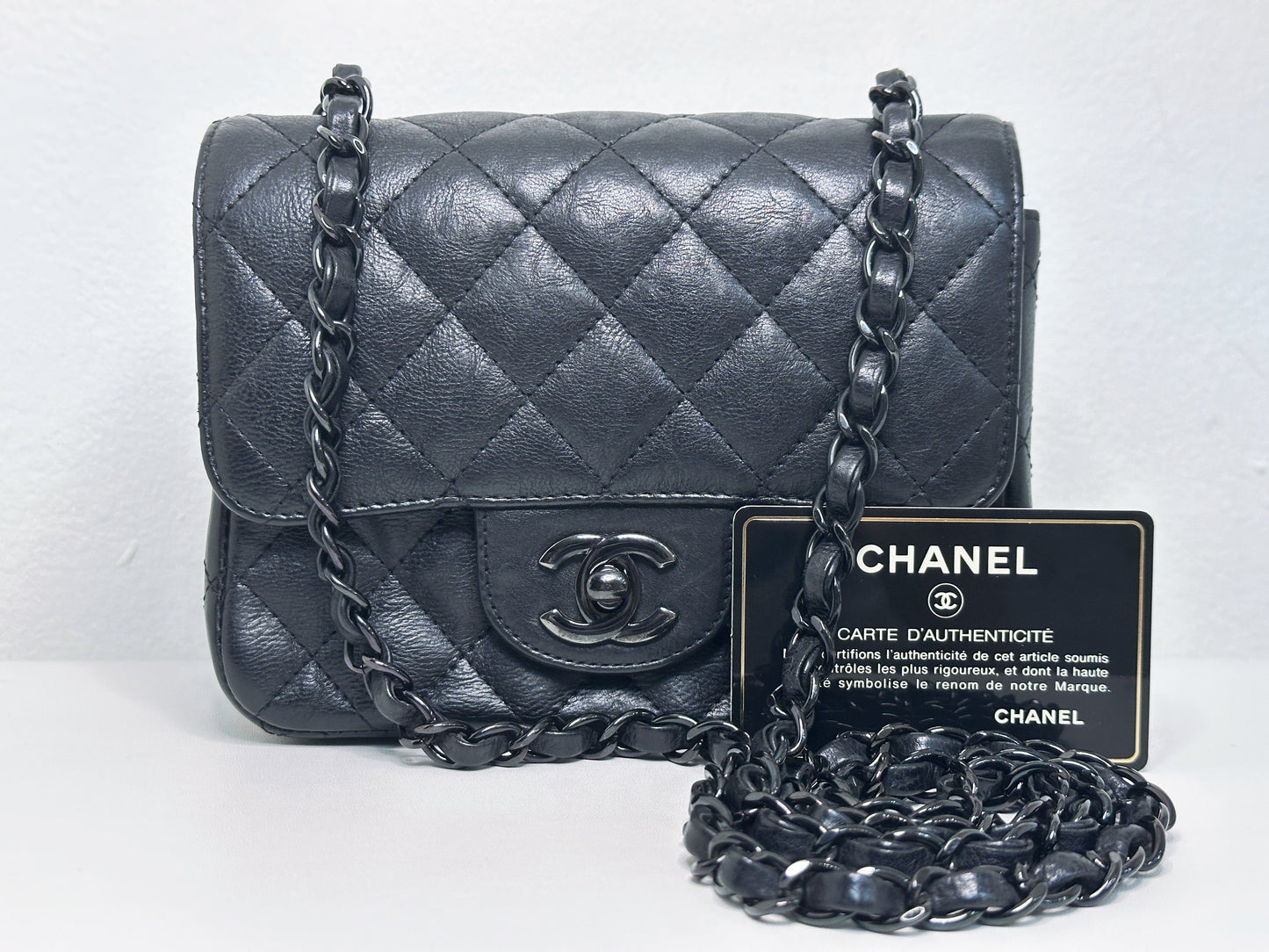 Chanel Quilted Mini Square Flap So Black Crumpled Calfskin 2417 holo card