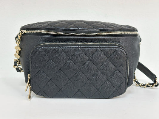 Chanel Black Quilted Caviar Leather Business Affinity Waist Belt Bag 2822 holo card