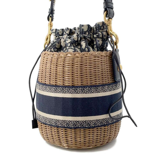 Dior ObliqueWicker Basket Drawstring Bag Shoulder Bag Brown/Navy M7600CMVO Rattan Canvas
