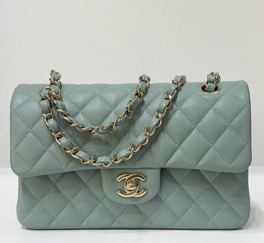 Chanel Small Caviar Quilted Double Flap Dark Green 22C