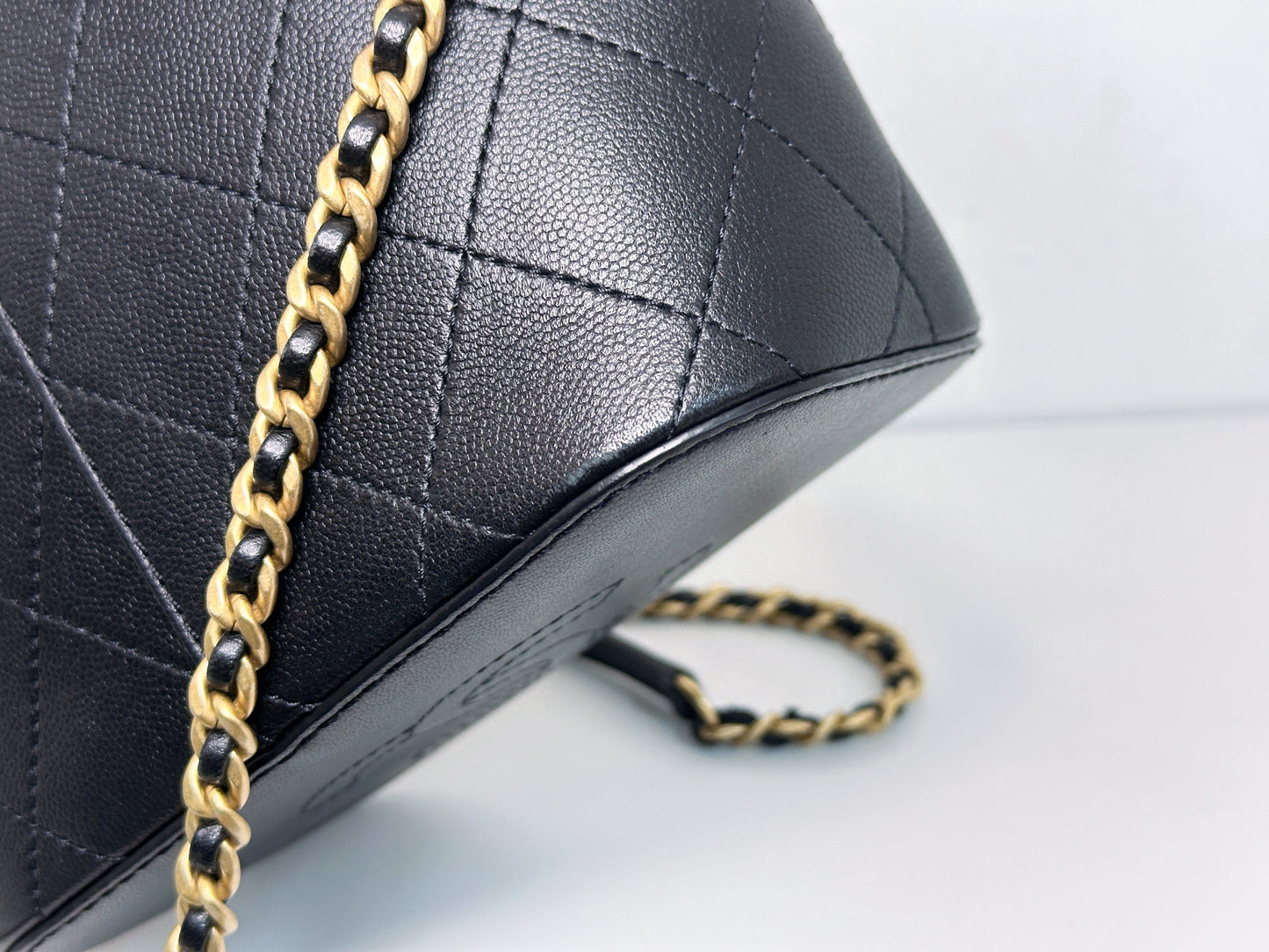 Chanel Drawstring Bucket Bag Quilted Black Caviar Aged Gold Hardware 3088 holo card