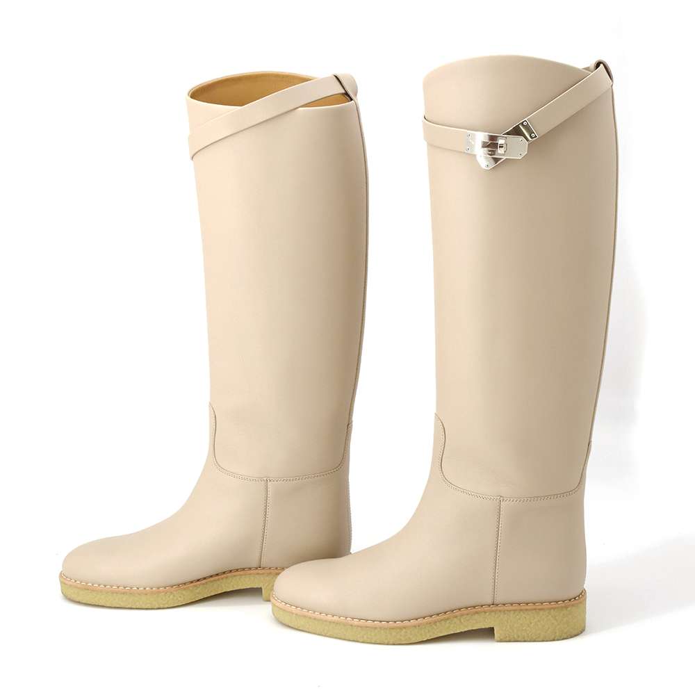 HERMES Faustin short boots Beige Calf Leather Size 35