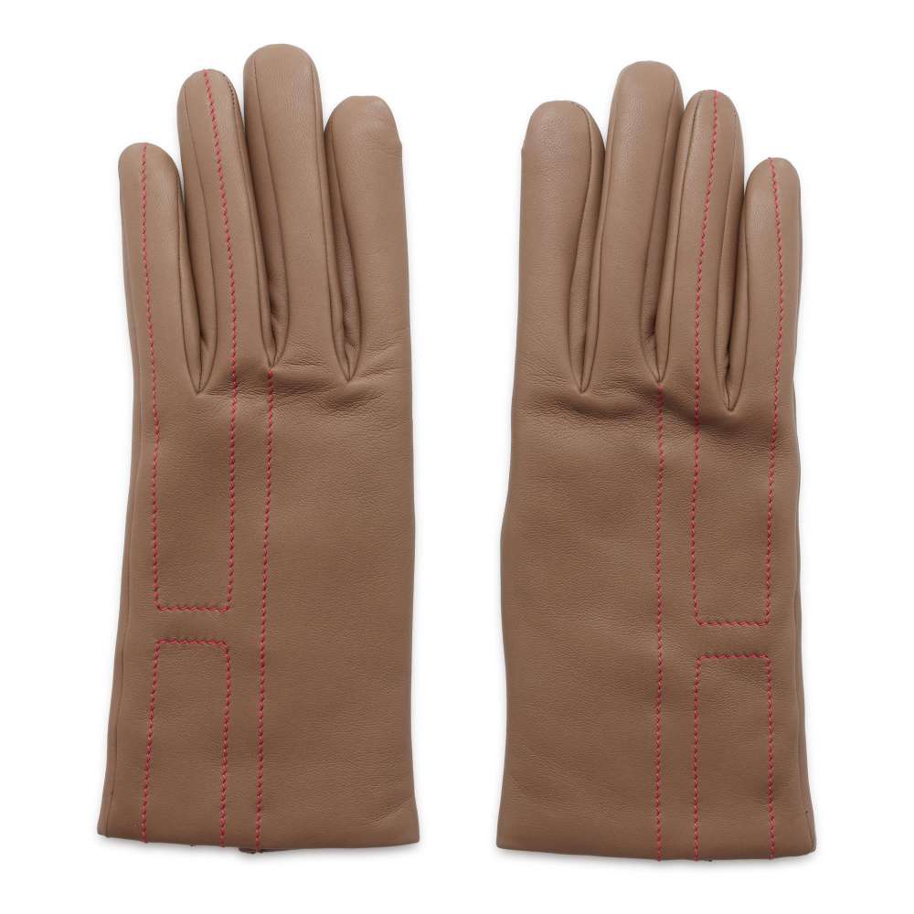 HERMES H stitch gloves Size 7 Etoupe/Framboise Lambskin