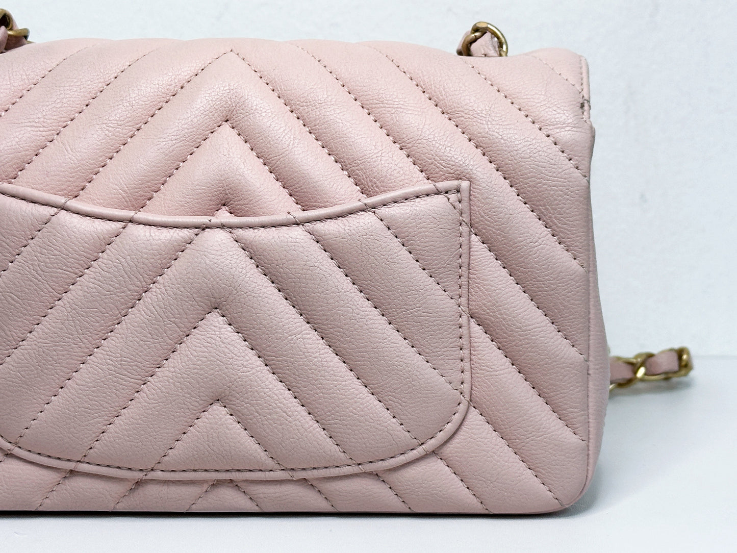 Chanel Classic Mini Rectangular 17C Light Pink Chevron Calfskin with brushed gold hardware ⁣⁣2383 holo card