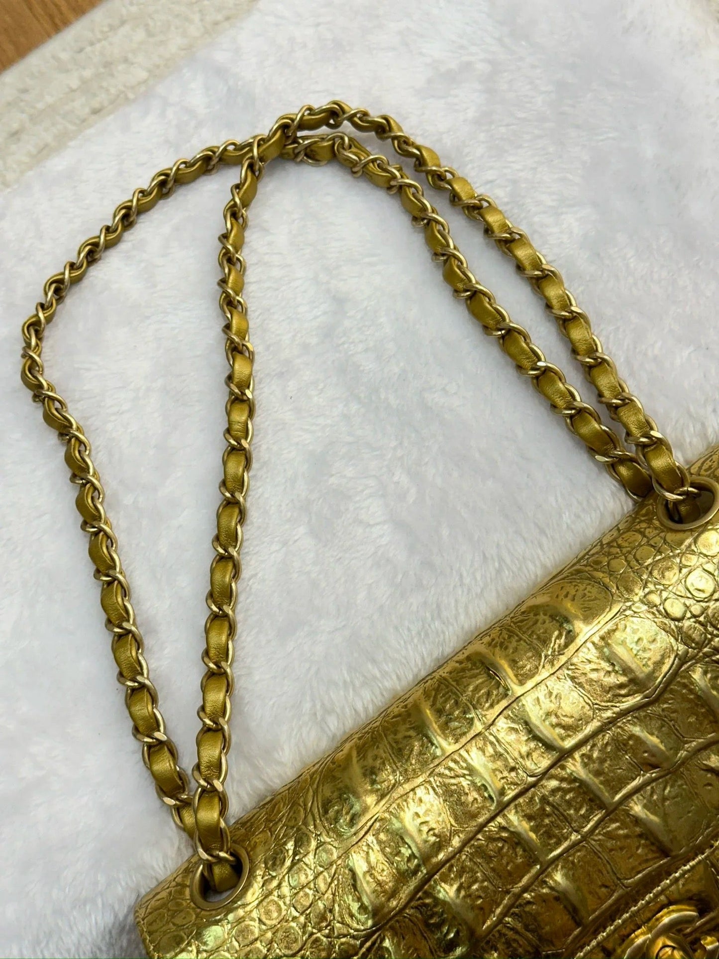 Chanel Medium  Calfskin Crocodile Embossed  Gold Metallic Flap Bag